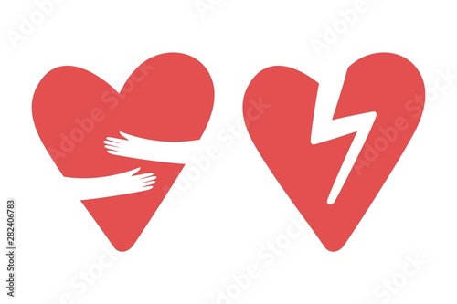Broken and hugging hearts vector icons. Love yourself, divorce, heart attack icon. Illustration of broken love heart, romantic hug and breakup