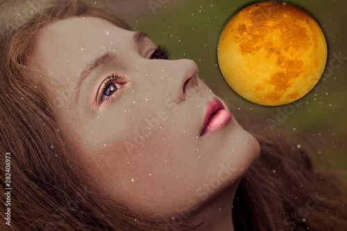 Woman face ,space and full moon