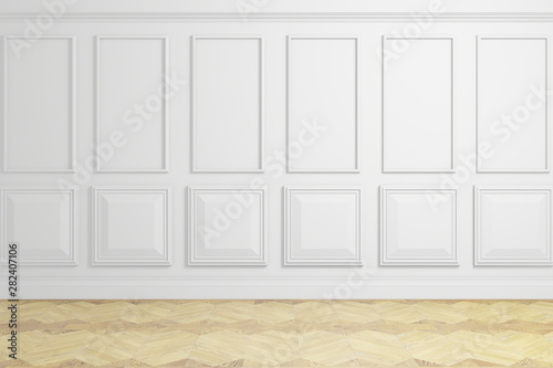 3d rendering  interior design  white wall with panels and wooden floor  empty room  design wall