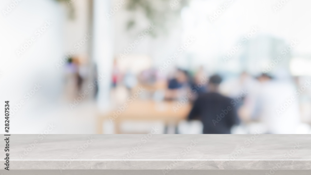 Empty white marble stone tabletop and blurred bokeh office interior space banner background - can used for display or montage your products. Empty white marble stone tabletop and blurred bokeh office interior space banner background - can used for display or montage your products.
