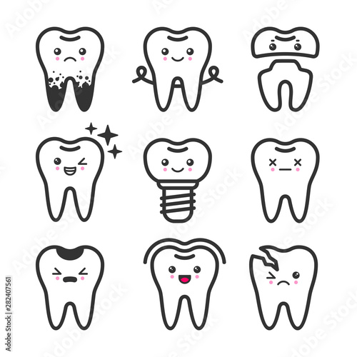 Cute teeth outline set with different emotions. Different tooth conditions. Healthy and bad teeth. Flat vector tooth isolated illustration.