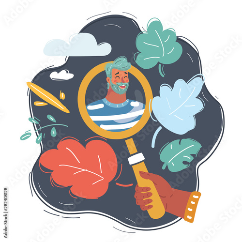 Man look through a magnifying glass