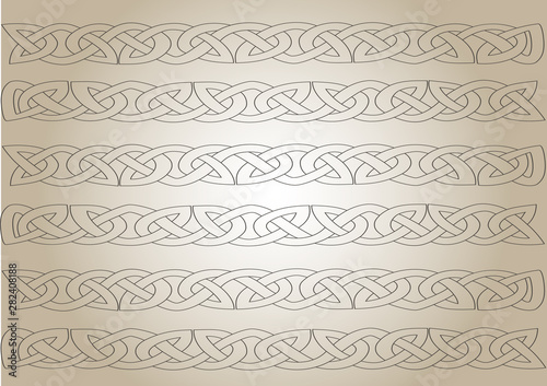 Abstract illustration Celtic ornament. Celtic beige patterns on a sand background. Fantasy of Celtic chains and plexuses. 
