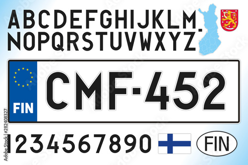 Finland car license plate, letters, numbers and symbols, vector illustration, European Union
