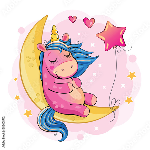 Cartoon funny unicorn on white background. Cute little pony with balloon on a Moon. Wonderland. Fabulous animal. Isolated children`s illustration for sticker, print. Poster for friends, family. Vector photo