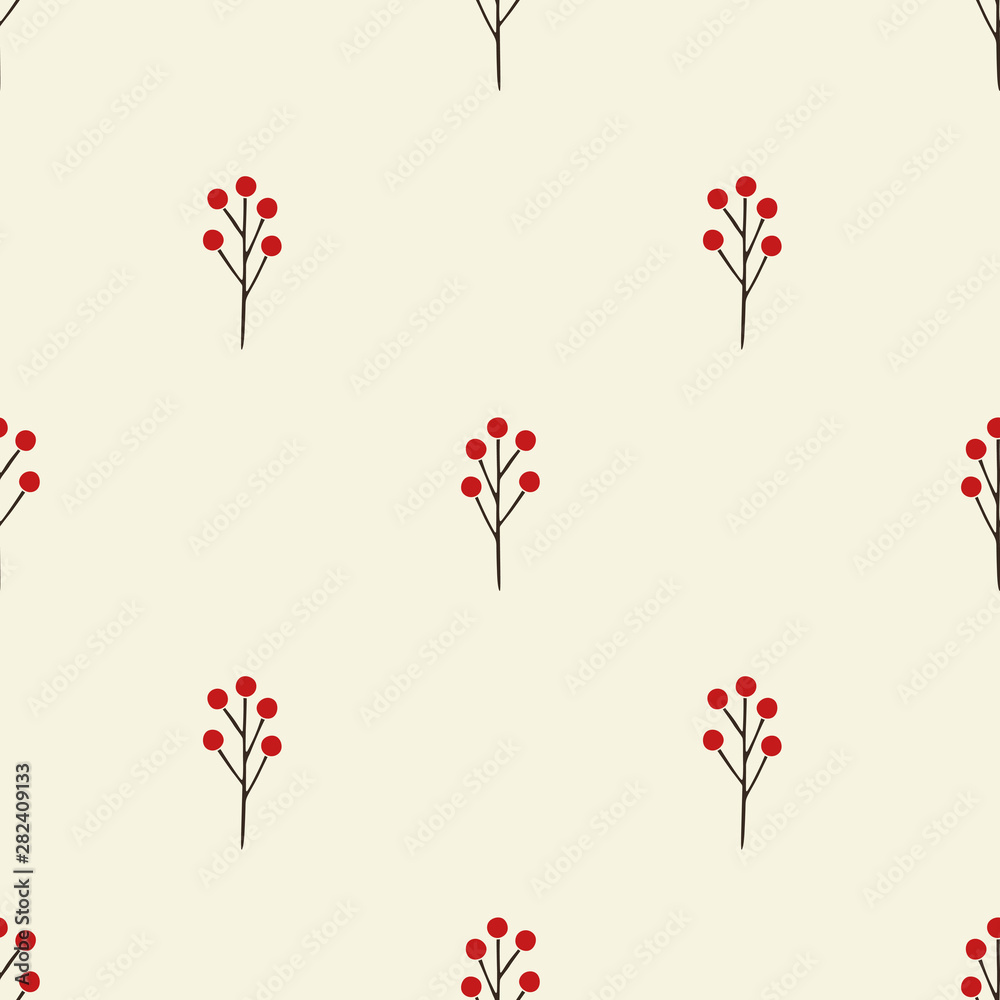 rustic hand drawn red berries vector seamless pattern. christmas branches and berries background