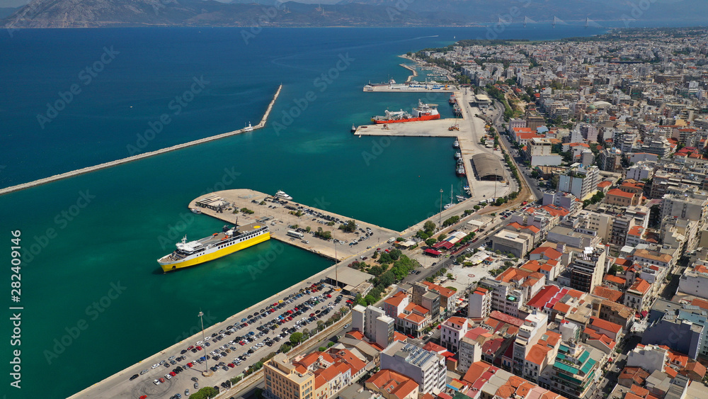 Aerial drone photo of Port and main town of Patras, Achaia, Greece