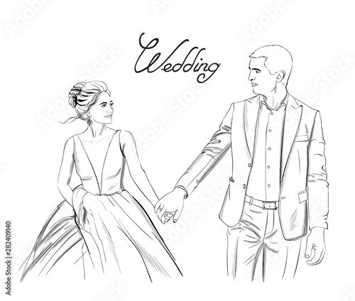 Wedding couple Vector line art. Lovely couple holding hands. Bride and groom silhouette vintage style. Beautiful long dress . Template for design cards