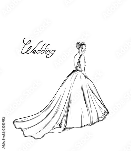 Bride silhouette Vector line art. Beautiful long dress . Template for design cards