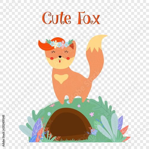 Cute fox in flower wreath stand on foxy burrow