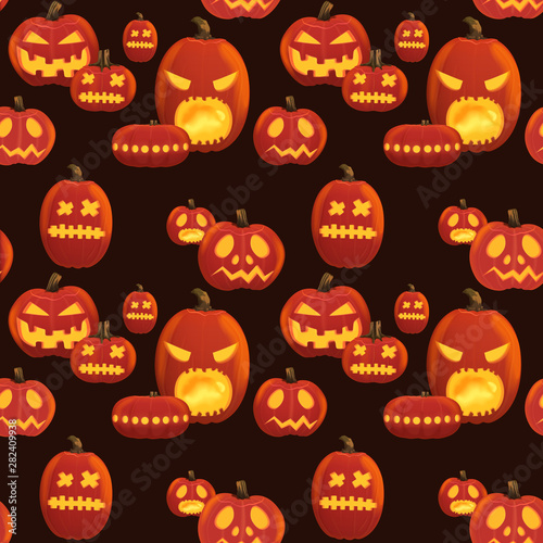 Seamless Halloween pattern with scary pumpkins on black background.