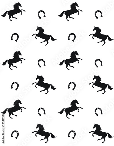 Vector seamless pattern of flat black horse silhouette and horse shoe isolated on white background