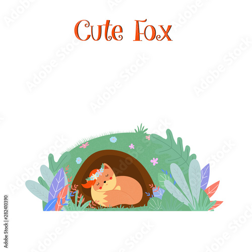 Cute fox in wreath sleep in foxy burrow isolated
