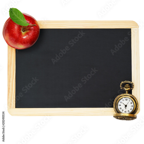 Black chalkboard , red appl...