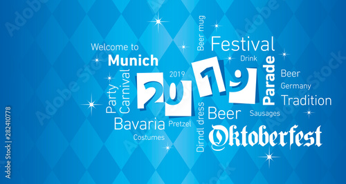 Oktoberfest Beer Festival 2019 word cloud Bavarian blue background