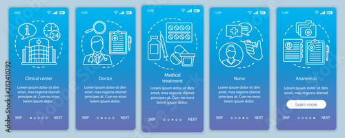 Medicine and healthcare onboarding mobile app page screen with linear concepts. Call, select, pay, receive, enjoy. Steps graphic instructions. UX, UI, GUI vector template with illustrations
