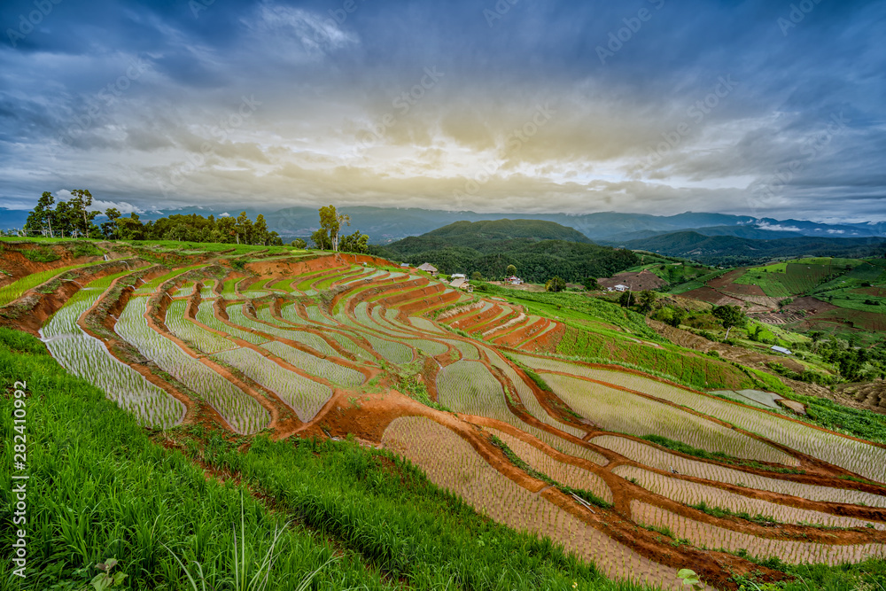 Beautiful landscape view of Terraced Paddy Field in Mae-Jam Village on sunset time, Chaing Mai Province , Thailand, Asia..