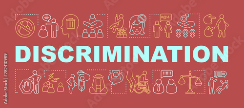 Discrimination word concepts banner. Human rights. Prejudice and inequality. Racism. Sex discrimination. Presentation, website. Isolated lettering typography idea, linear icons. Vector illustration