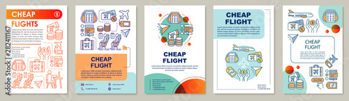 Cheap flights brochure template layout. Last minute travel, low cost tickets. Flyer, booklet, leaflet print design with linear illustrations. Vector page layouts for magazines, reports, posters