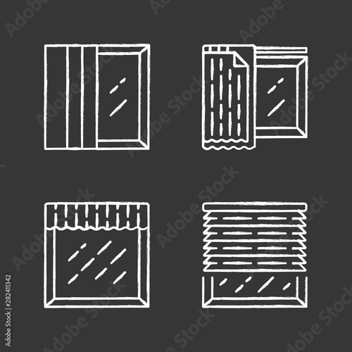 Window treatments chalk icons set. Panel tracks, liner, valance. House and office decoration. Kitchen, living room curtain. Home interior design. Isolated vector chalkboard illustrations
