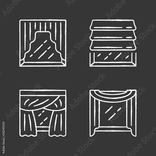 Window drapes chalk icons set. Roman shades, swags, priscilla curtains, window scarf. Home interior decor. Kitchen, bedroom, living room decoration. Isolated vector chalkboard illustrations