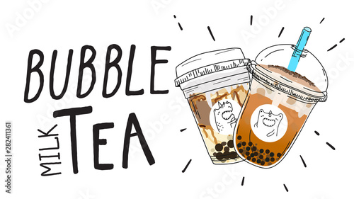 Bubble tea Special Promotions design, Pearl milk tea , Yummy drinks, coffees and soft drinks with logo and doodle style advertisement banner . - Vector