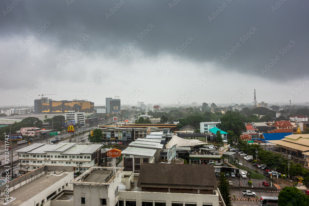 CHIANG MAI , THAILAND- JULY 24, 2019 :  Rainy Day in the big city from high view in Chiang Mai, Thailand in Asia.
