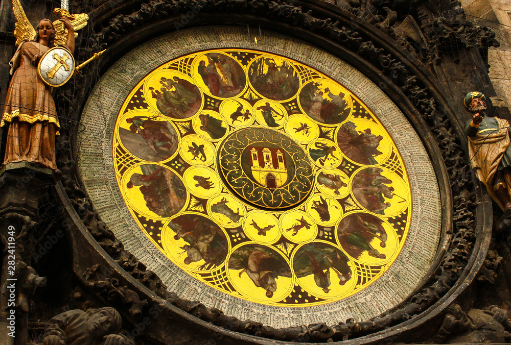 Prague Astronomical Clock or the Prague Orloj close up detail photo, Czech Republic