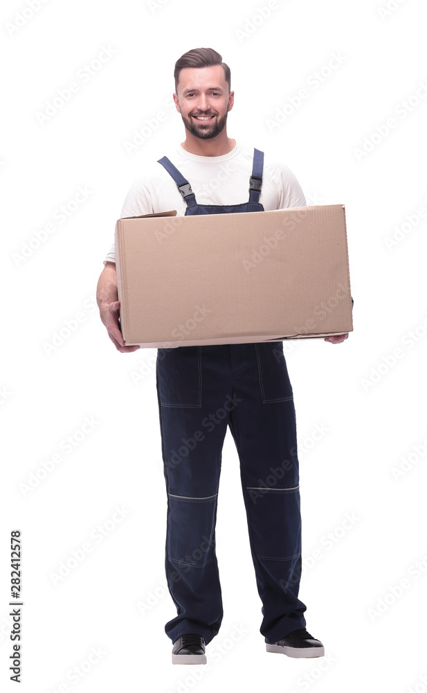 man in workwear with cardboard box isolated on white background man in workwear with cardboard box isolated on white background