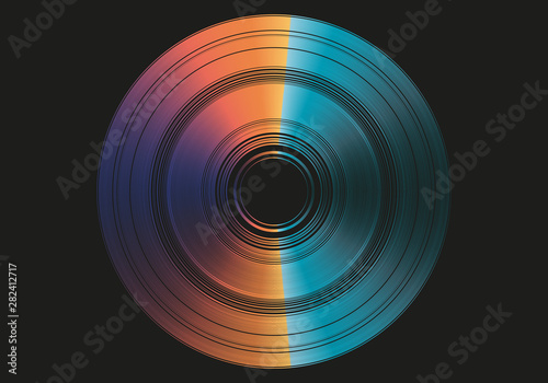 Disco azul, naranja y morado sobre fondo negro.