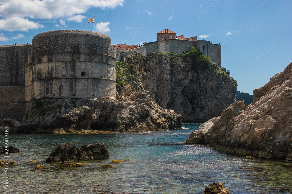 Fort Bokar west Harbor and the walled old city centre on the cliff, Dubrovnik, Croatia