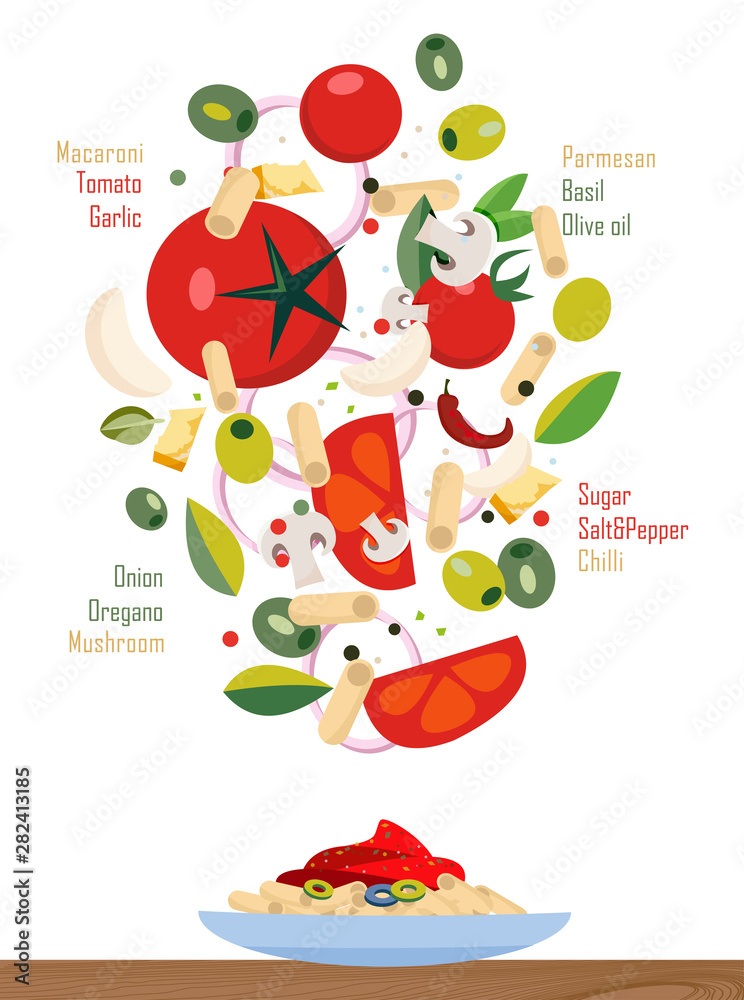 Flat illustration: falling ingredients of the pasta and sauce, cut into slices: olives, tomatoes, garlic, olives, onions, oregano, basil, chilli, Parmesan. Plate with macaroni and signature elements