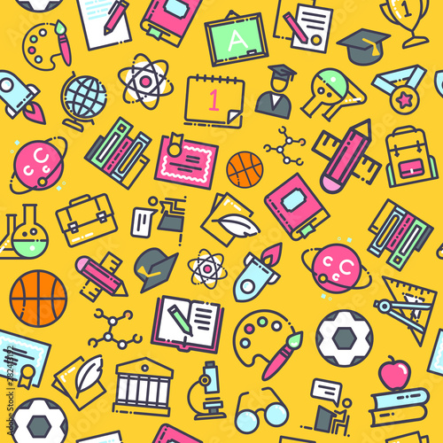 School seamless pattern with education design yellow background. Vector illustration.