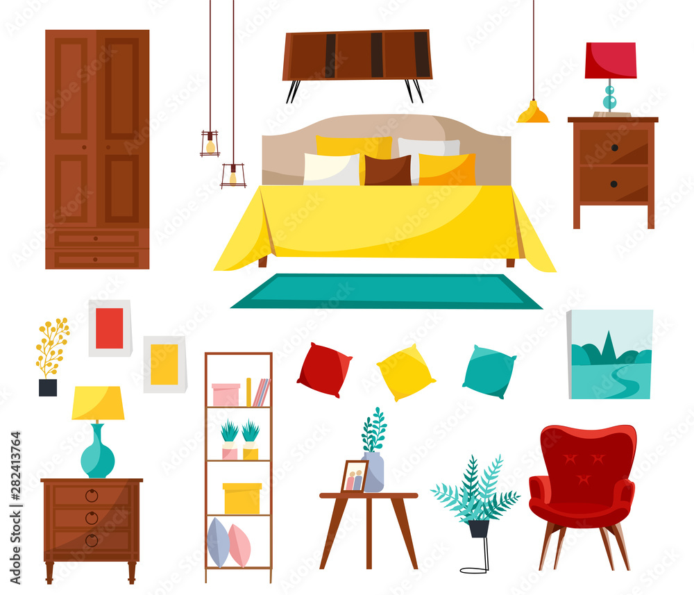 Fototapeta premium Bedroom interior collection with double bed, nightstands, wardrobe, shelf, armchair, stuff. Set of bedroom furniture. Modern design isolated on white background Flat cartoon style illustration
