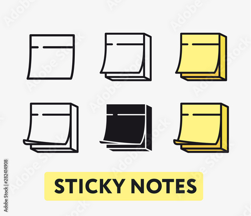 Yellow Office Sticky Notes. Flat Vector Line Icon Set.