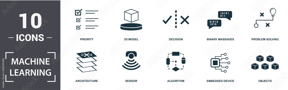 Machine Learning icon set. Contain filled flat sensor, algorithm, 3d ...