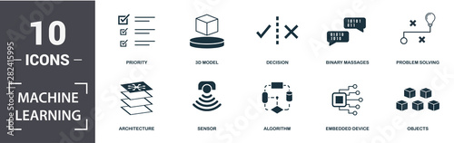 Machine Learning icon set. Contain filled flat sensor, algorithm, 3d model, priority, architecture, embedded device icons. Editable format