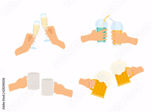 Set of male and female hands holding different types of glasses champagne and other drinks.