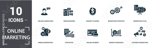 Online Marketing icon set. Contain filled flat internet marketing, statistics, marketing plan, market research, web blogging, budget planing icons. Editable format