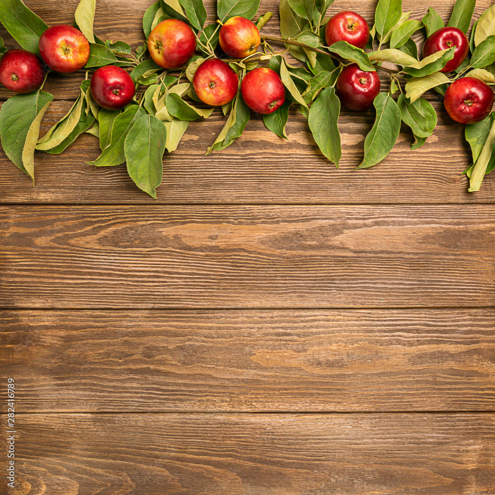 Fresh ripe apples branch with leaves on a rustic aged background. Autumn summer harvest. Flat layout frame. Copy space. Fresh ripe apples branch with leaves on a rustic aged background. Autumn summer harvest. Flat layout frame. Copy space.