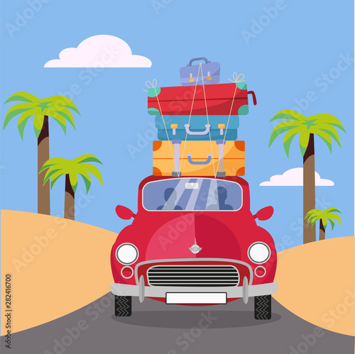 Treveling by red car with pile of luggage bags on roof near beach with palms. Summer tourism, travel, trip. Flat cartoon illustration. Car front View With stack Of suitcases