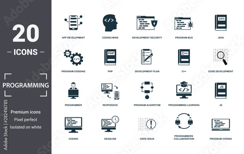 Programmer icon set. Contain filled flat coding, php, programming learning, app development, js, program algorithm, program bug icons. Editable format