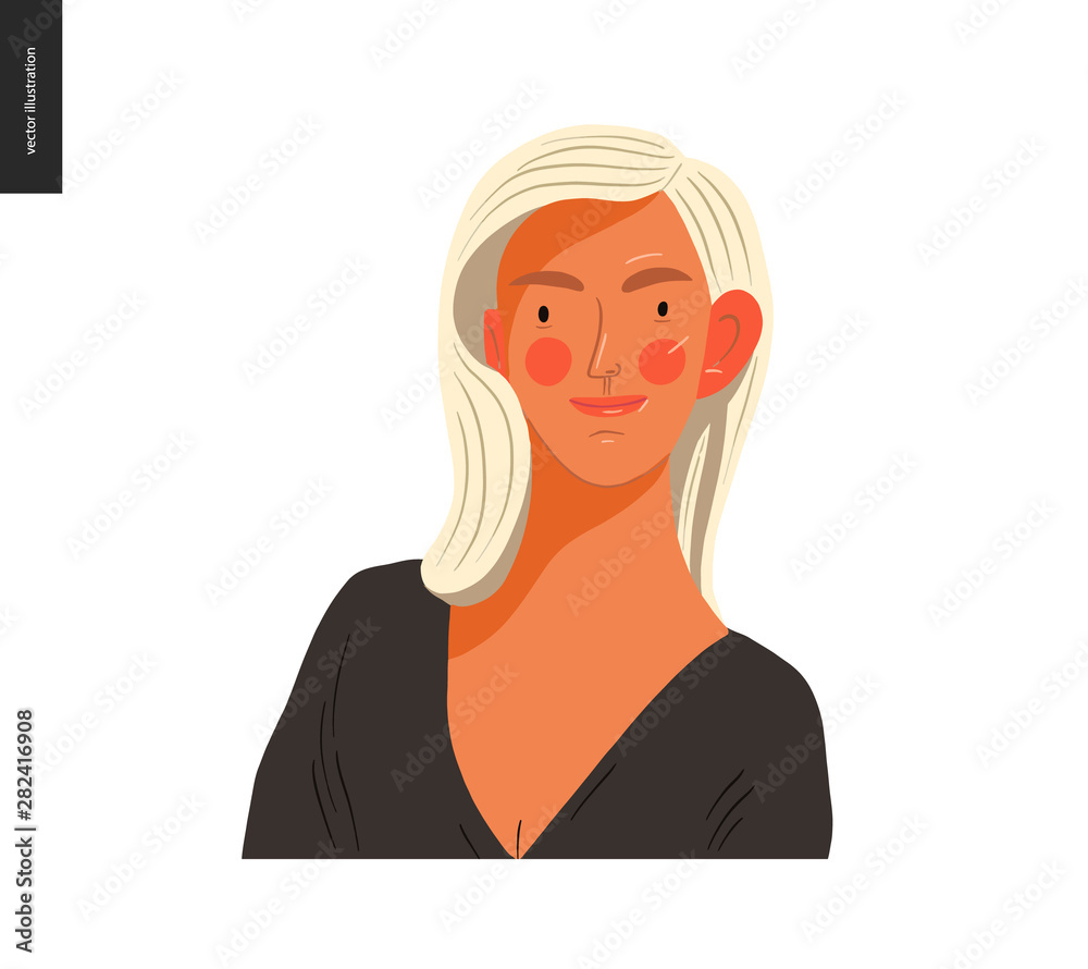 Real people portrait - hand drawn flat style vector design concept illustration of a young blond woman, face and shoulders avatar. Flat style vector icon Real people portrait - hand drawn flat style vector design concept illustration of a young blond woman, face and shoulders avatar. Flat style vector icon