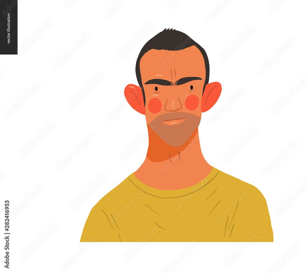 Real people portrait - hand drawn flat style vector design concept illustration of a young brunette man, face and shoulders avatar. Flat style vector icon Real people portrait - hand drawn flat style vector design concept illustration of a young brunette man, face and shoulders avatar. Flat style vector icon