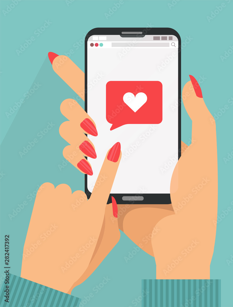 Sending love message concept. 2 female Hands holding phone with heart, send button on screen.Finger touch screen. flat cartoon illustration for ad, web sites,banners, infographics design