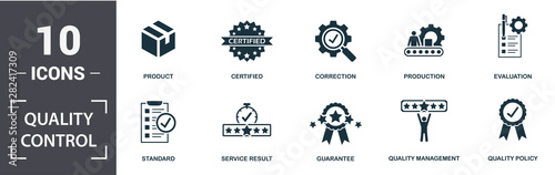 Quality Control icon set. Contain filled flat correction, certified, quality management, quality policy, production, standard, product, evaluation icons. Editable format