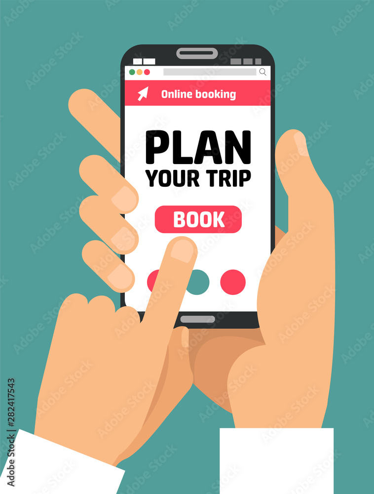 Man's Hand holding smartphone with book button on screen.Concept of online booking mobile application for renting accommodations. Plan a trip. Devices technology. .Flat cartoon illustration Man's Hand holding smartphone with book button on screen.Concept of online booking mobile application for renting accommodations. Plan a trip. Devices technology. .Flat cartoon illustration
