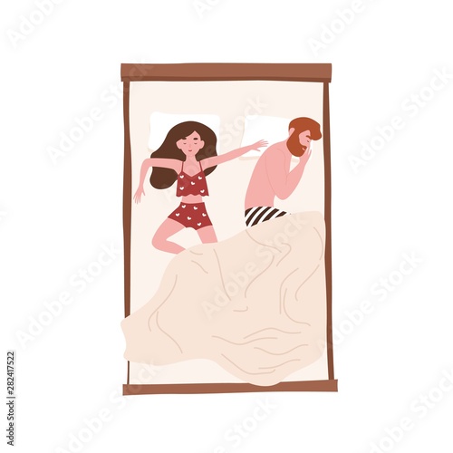 Funny young couple lying relaxed under blanket. Cute man sleeping on side and...