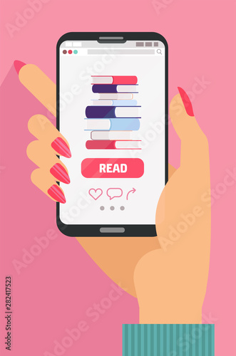 Online education concept. Female hand holding mobile phone with e-book app on screen. Stack of books on smartphone screen. Online reading and E-book.Distant e-learning.Flat cartoon illustration