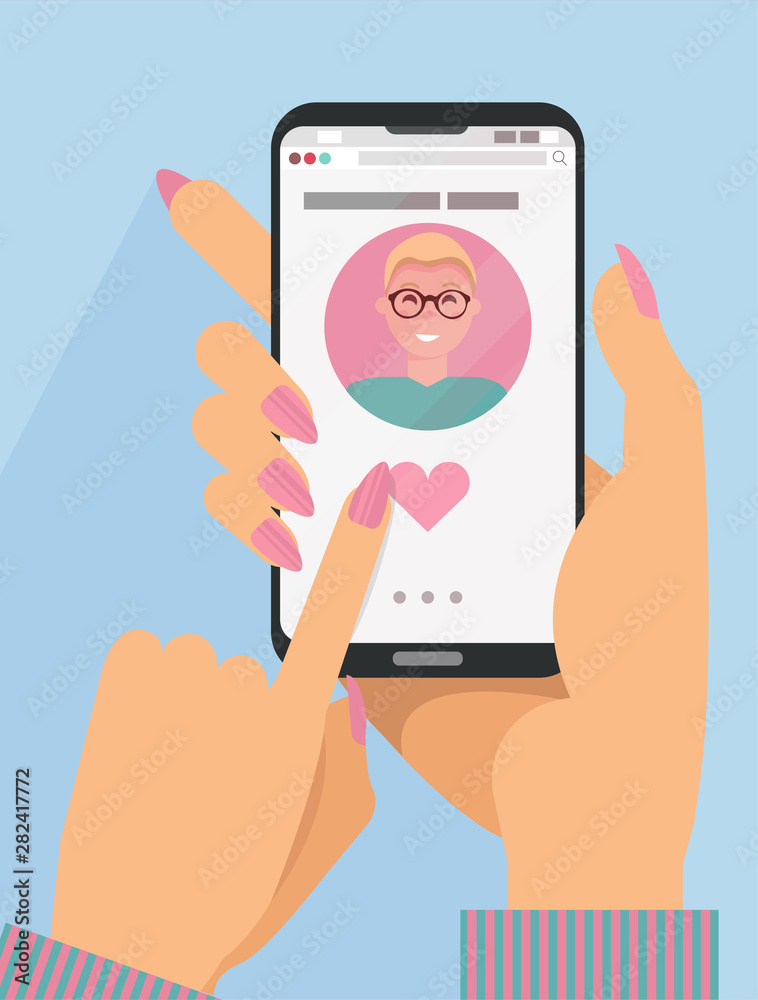Woman's hands holding smartphone with cute fair-haired man with eyeglasses on screen.Online dating concept.Finger pushes heart button. Social app for searching for romantic partner.Flat cartoon